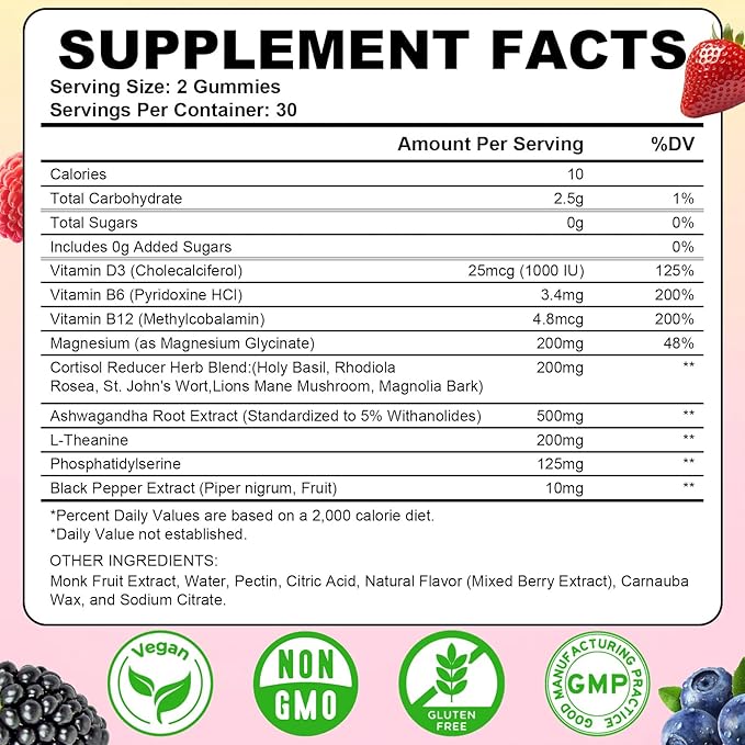 Cortisol Supplements for Women & Men, 13 in 1 Cortisol Detox, Cortisol Manager Reducer with Ashwagandha, Magnesium, L-Theanine, Cortisol Balance Gummies-Hormone Balance, Focus, Calm, zzZ, 60 Cts