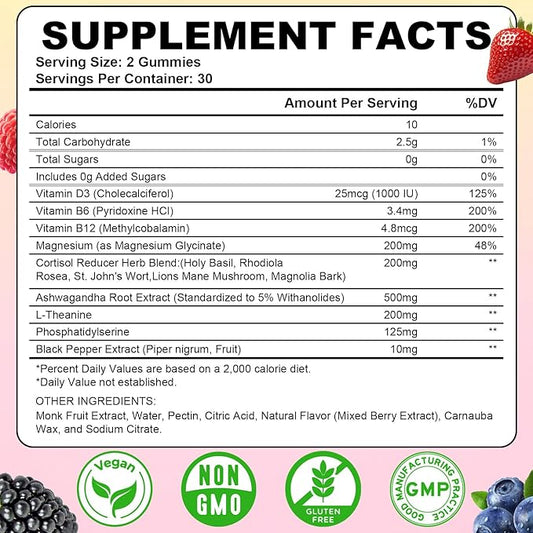 Cortisol Supplements for Women & Men, 13 in 1 Cortisol Detox, Cortisol Manager Reducer with Ashwagandha, Magnesium, L-Theanine, Cortisol Balance Gummies-Hormone Balance, Focus, Calm, zzZ, 120 Cts