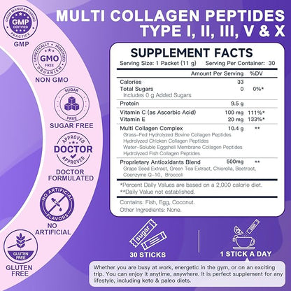 DRFOSTER Collagen-Peptides-Powder-Packets - Multi Type I II III V X Collagen for Women with Antioxidant Blend + Vitamin C & E for Skin, Hair, Nail & Joint, Non-GMO, 30 Stick Packs