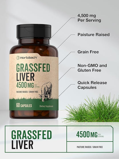 Horbäach Grass Fed Beef Liver | 4500mg | 60 Capsules | Desiccated, Pasture Raised, Grain Free, Non-GMO Supplement