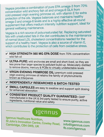 Igennus Vegepa Omega 3 Wild Fish Oil & Evening Primrose Oil Blend, 560 mg EPA Plus GLA, 60 Small Softgels