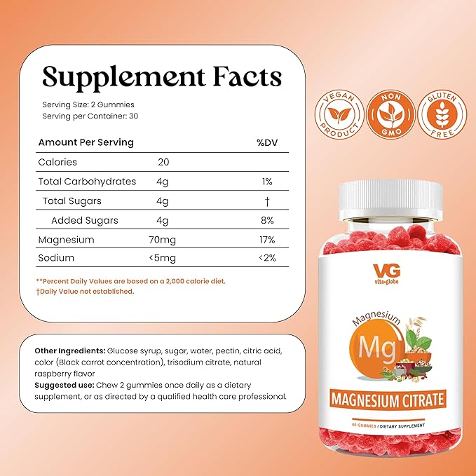 VITA GLOBE Magnesium Citrate Gummies 70mg, Relaxation, Muscle Recovery & Sleep Support, Magnesium Supplement, High Absorption, Vegan, Non-GMO, Bone & Energy – 60 Count