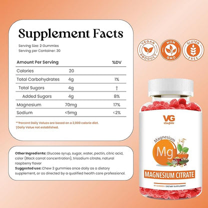 VITA GLOBE Magnesium Citrate Gummies 70mg, Relaxation, Muscle Recovery & Sleep Support, Magnesium Supplement, High Absorption, Vegan, Non-GMO, Bone & Energy, 2 Pack, 120 Count