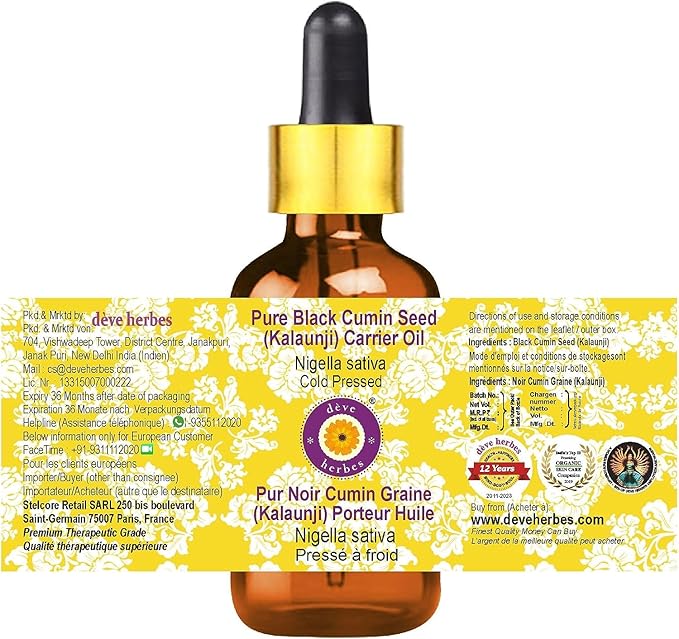 Deve Herbes Pure Black Cumin Seed (Kalaunji) Carrier Oil (Nigella Sativa) with Glass Dropper Cold Pressed 100ml (3.38 oz)