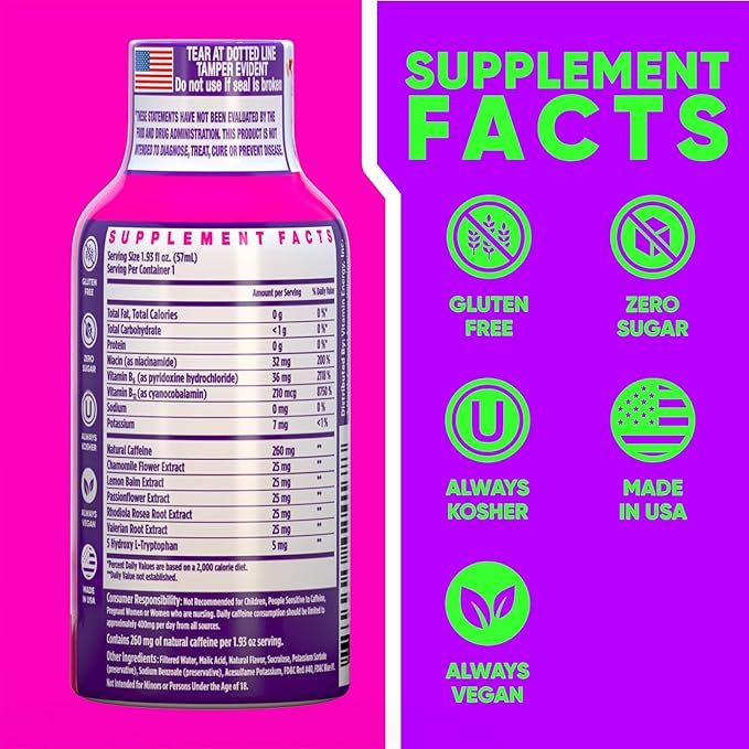 Vitamin Energy Mood+ Extra Strength Energy Shot Tropical Berry 4 Pack, 260mg Natural Caffeine, B-Vitamins, Rhodiola, Chamomile, Mood & Energy Support, Zero Sugar, Gluten-Free, Vegan, 1.93 fl oz