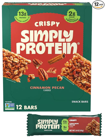 Simply Protein - Cinnamon Pecan Crispy Bars - Plant Based Protein Bars - Low Carb, Low Sugar, High Fiber - 13g Protein, 2g Sugar, 7g Fiber - Vegan, Gluten Free, Non GMO, Kosher - 12 Bars