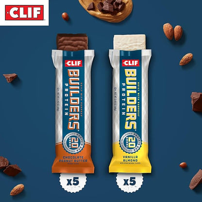 CLIF BUILDERS Protein Bars - Chocolate Peanut Butter and Vanilla Almond Flavor - Variety Pack - 20g Plant Based Protein - Gluten Free - Non-GMO - Low Glycemic - No Artificial Sweeteners - 2.4 oz. (10 Count)