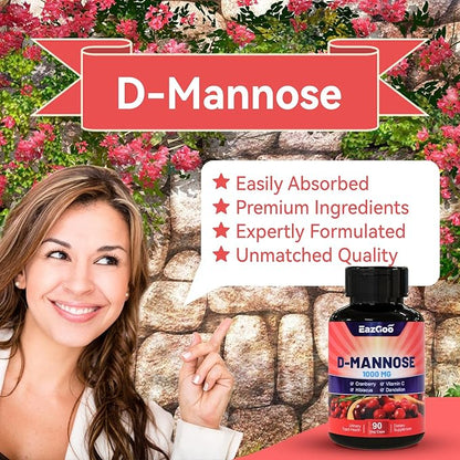D-Mannose Supplement – 1000mg Capsules with Cranberry, Vitamin C, Hibiscus & Dandelion Extract, Support Urinary Health, D Mannose & Cranberry Capsules, 90 Count
