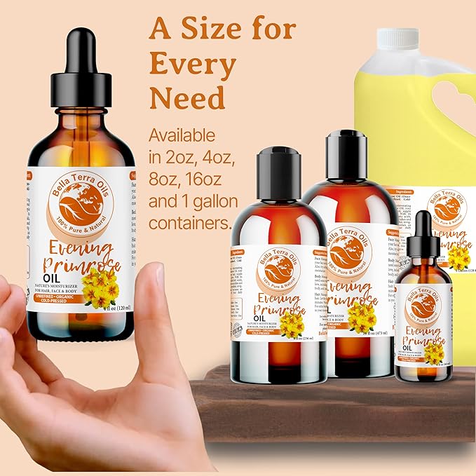 Bella Terra Oils - Organic Evening Primrose Oil 8 oz - Pure Primrose Extract, Enriched with GLA & Antioxidants, Perfect for Skin & Hair Nourishment