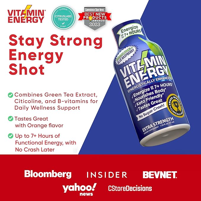 Vitamin Energy Immune+ Extra Strength Energy Shot Blue Raspberry 12 Pack, 260mg Natural Caffeine, B-Vitamins, Citicoline, Green Tea, Immunity & Focus Support, Zero Sugar, Gluten-Free 1.93 fl oz