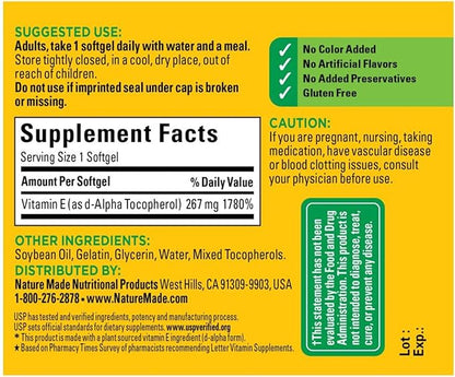 Nature Made Plant Sourced Vitamin E 267 mg (400 IU) d-Alpha Softgels, 100 Count for Antioxidant Support (Pack of 3)