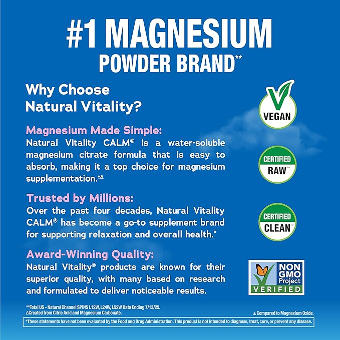 Natural Vitality Calm, Magnesium Citrate Supplement, Anti-Stress Drink Mix Powder - Gluten Free, Vegan, & Non-GMO, Raspberry Lemon, 0.12 oz, 30 Packets