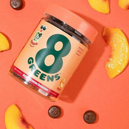 8Greens Supergreens Gummies | Superfood Gummy for Metabolism, Immunity & Focus, Digestive Health Enzymes, Organic: Chlorella, Spirulina, Aloe Vera, Peach Flavor, 100 Count
