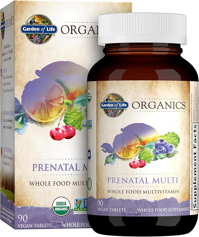 Garden of Life Organics Prenatal Multivitamin with Folate, B6, B12, D3 & Iron – Prenatal Vitamins for Women with Energy Metabolism Support for Healthy Fetal Development, Non-GMO, Vegan, 30 Servings