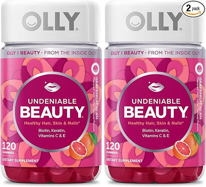 OLLY Undeniable Beauty Gummy, for Healthy Hair, Skin & Nails,* Biotin, Vitamins C & E, Keratin, Chewable Supplement, Grapefruit Flavored, 60 Day Supply -, 120 Count (Pack of 2)