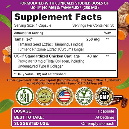 Joint Support Supplement with UC-II® & TamaFlex® – Undenatured Type II Collagen, Turmeric & Tamarind for Joint Health, Flexibility & Mobility – Natural Cartilage Support – Glucosamine-Free Capsules