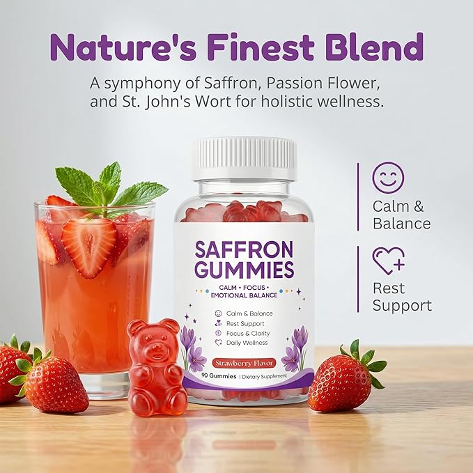Saffron Gummies, Mood & Calm Support withPassion Flower, St. John's Wort, GABA & Vitamin D2,Emotional Balance & Focus Formula, Strawberry Flavor, 90Gummies