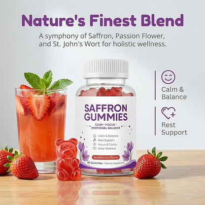 Saffron Gummies, Mood & Calm Support withPassion Flower, St. John's Wort, GABA & Vitamin D2,Emotional Balance & Focus Formula, Strawberry Flavor, 90Gummies