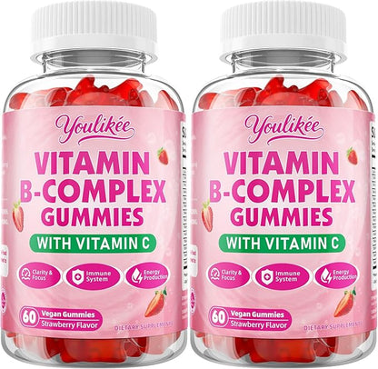 2 Pack Vitamin B-Complex Gummies for Women & Men, Methyl B12, B1, B2, B3, B5, B6, B7 & B9 - Vitamin B Complex with Vitamin C Supports Energy & Immune Function, Strawberry Flavor, 120 Count