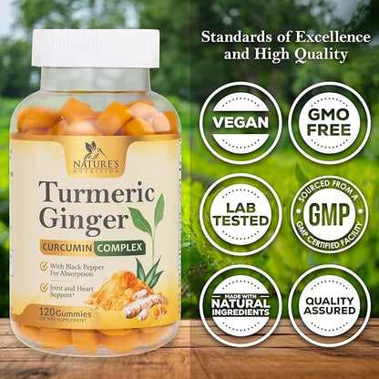 Turmeric Curcumin Supplement Gummies - 95% Curcuminoids with Turmeric & Ginger, Black Pepper for Best Absorption, Nature's Vegan Joint Support, Non-GMO, Gluten Free, Tasty Peach Flavor - 120 Gummies