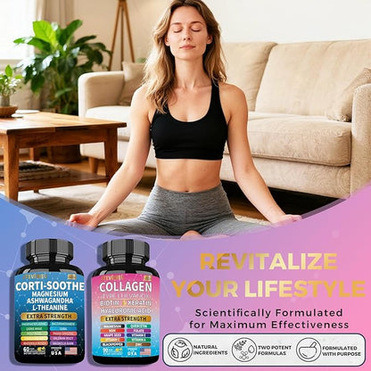 Shining Serenity Set, Cortisol Support with Ashwagandha, L-Theanine, Magnesium, Lions Mane, GABA, Bacopa Monnieri, Collagen Biotin, Keratin, Hyaluronic Acid, Quercetin