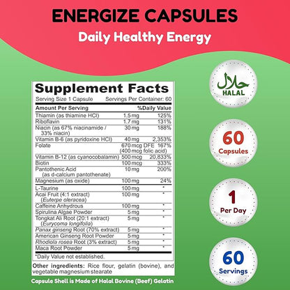 SHIFAA NUTRITION Energize, Natural Daily Energy Vitamins | Jitter-Free, 60 Servings | Supports Focus, Mood, Brain, Metabolism | w/Caffeine & Taurine, B1, B2, B5, B6, B7, B9, B12 Halal Vitamins
