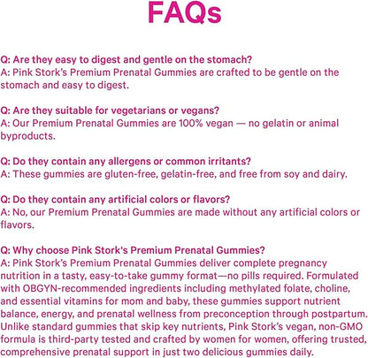 Pink Stork Premium Prenatal Gummy Vitamins with DHA, Folate, and Vitamin D - Multivitamin for Neural Tube and Fetal Brain Development - 60 Vegan Gummies for Morning Sickness Support