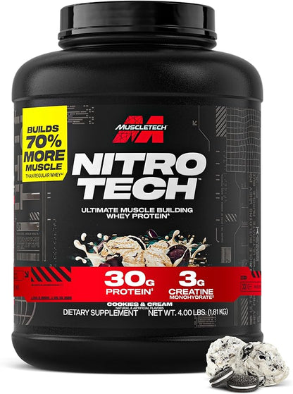 Muscletech Whey Protein Powder (Cookies & Cream, 4 Pound) - Nitro-Tech Ultimate Muscle Building Formula with Whey Protein Isolate - 30g of Protein, 3g of Creatine & 6.8g of BCAA - Packaging May Vary