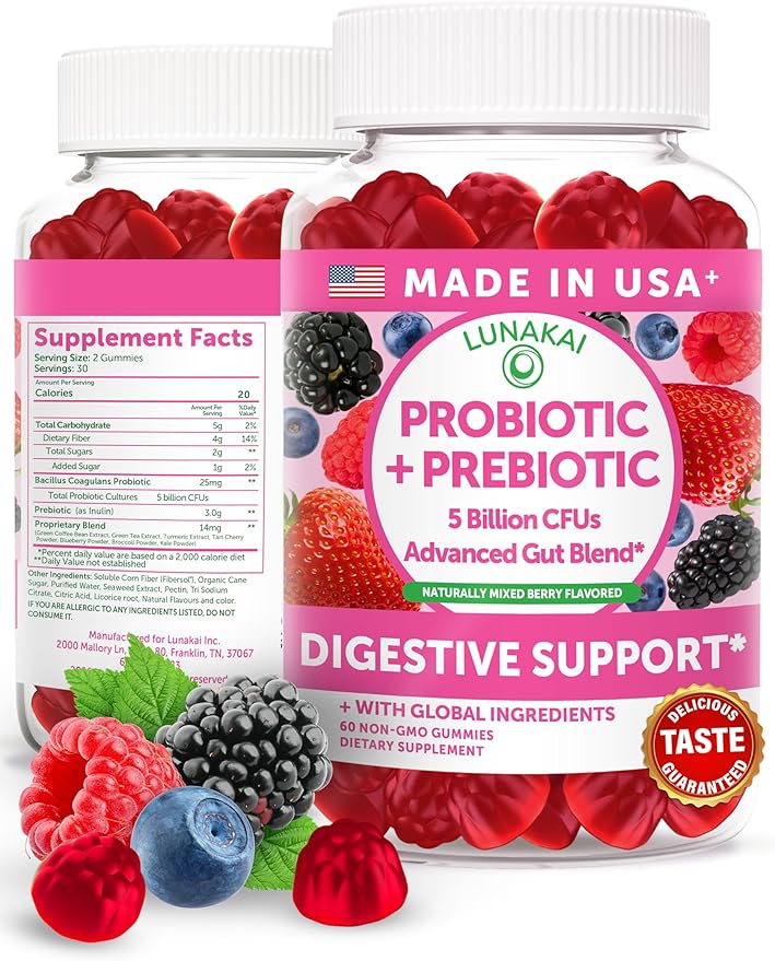 Lunakai USA Made Prebiotic + Probiotic Gummies for Women and Men - High Potency 5 Billion CFUs with Fibers - Non-GMO Gut Health Support 60ct