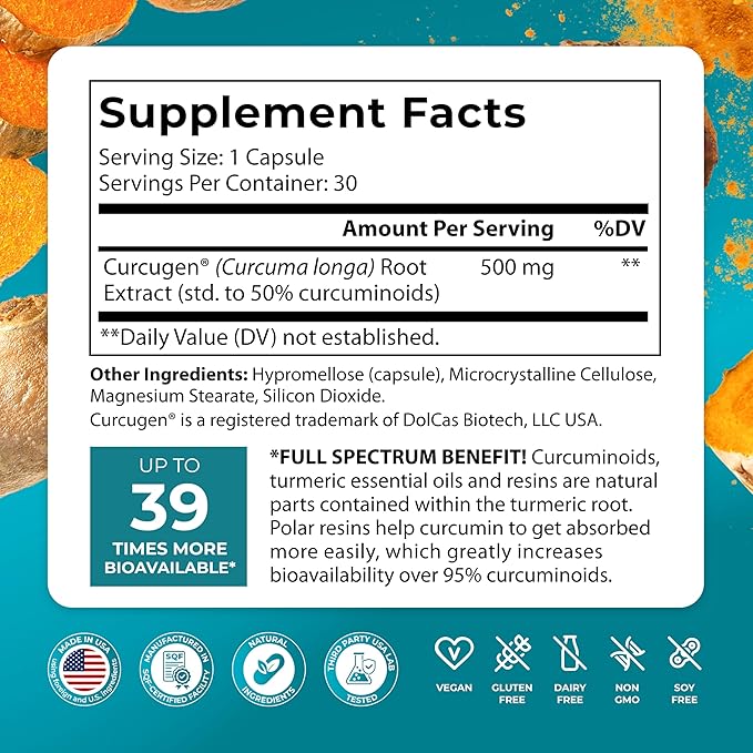 PUREHEALTH RESEARCH Curcumin Extract - High Absorption Turmeric Supplement for Immune, Joint & Muscle Support - for Heart & Brain Health - Powered by Curcugen x39 Bioavailable - 30 Capsules