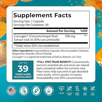 PUREHEALTH RESEARCH Curcumin Extract - High Absorption Turmeric Supplement for Immune, Joint & Muscle Support - for Heart & Brain Health - Powered by Curcugen x39 Bioavailable - 30 Capsules
