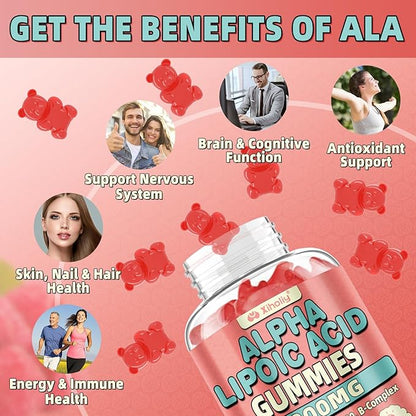 Alpha Lipoic Acid Gummies 1000 MG, High Potency Chewable ALA Supplement with Glutathione, CoQ10, Vitamin B Complex for Antioxidant, Cognitive, Nerve* Support, Sugar-Free, Raspberry Flavor, 60 Counts