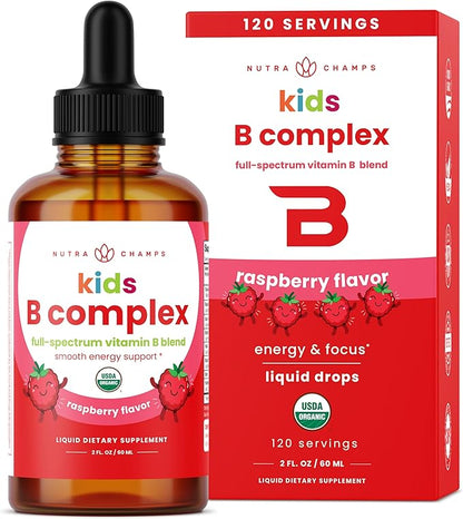 NutraChamps Vitamin B Complex for Kids, B1, B2, B3, B6, B7, B9 & Methyl B12, Kids B Complex Liquid Drops Supplement, Energy, Focus, Metabolism, Natural Berry, 120 Servings, 4 Month Supply