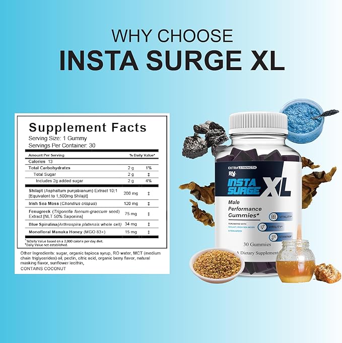 BLUE VIBE Insta Surge XL Performance Gummies, InstaSurgeXL Advanced Overall Health and Daily Natural Performance Formula Supplement, InstaSurge XL Maximum Support (1 Pack - 30 Gummies)