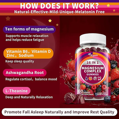 3 Packs-Magnesium Complex Gummies for Women Men，16 in 1 Calm Magnesium Gummy with Glycinate Citrate Malate Taurate - Ashwagandha, L-Theanine, D3&Zinc for Relaxation, Sleep, Muscle&Heart Support, Berry