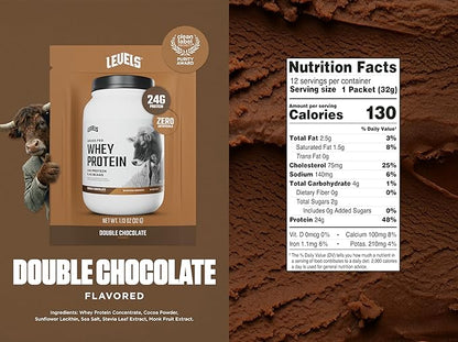 Levels Grass Fed Whey Protein Powder, No Artificials, 24G of Protein, Double Chocolate, 12 Count