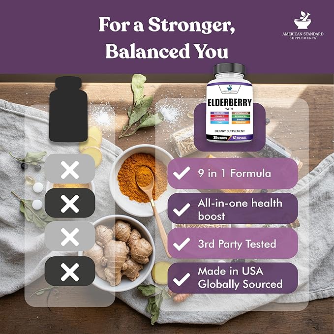 American Standard Supplements Elderberry Extract with Quercetin, Vitamin C, D3, Ginger, Zinc, Turmeric, Astragalus and Echinacea – 60 Capsules, 30 Servings