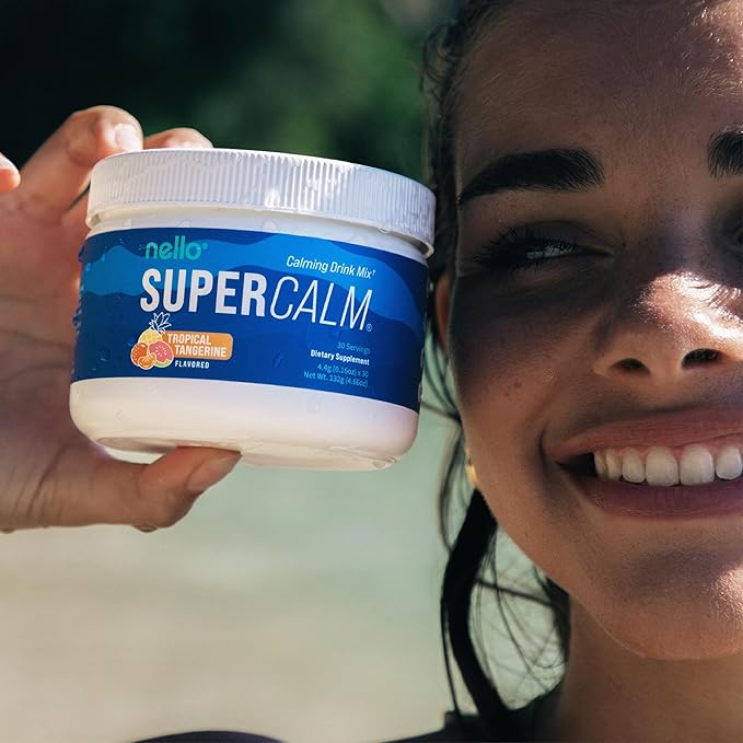 Nello Supercalm Powdered Drink Mix Tub, Cortisol Reducer* and Sleep Aid Supplement, L Theanine, Ksm-66 Ashwagandha, Magnesium Glycinate, Vitamin D 3, No Sugar, Non GMO, 30 Ct, Tropical Tangerine