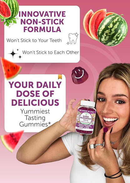 Lunakai USA Made Super Mushroom Gummies for Adults – 10-in-1 Adaptogenic Mushroom Supplement with Lion’s Mane – Daily Focus & Brain Support, 60ct