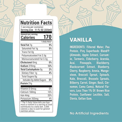 Pirq, 21g Dairy Free Protein Shake, 25 Superfoods, 0g Sugar, Plant-Based Protein Drink, Gluten-Free, Vegan, Kosher, Keto, Low Carb, Low Calorie (12 Pack) (Vanilla)