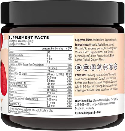 Llama Naturals Multivitamin for Women, Vegan, Organic Gummies with Vitamin D, C and K, Women's Real Fruit Gummy Vitamins, Chewable Multivitamin Supplement, No Added Sugar Cane, Strawberry, 120 Ct