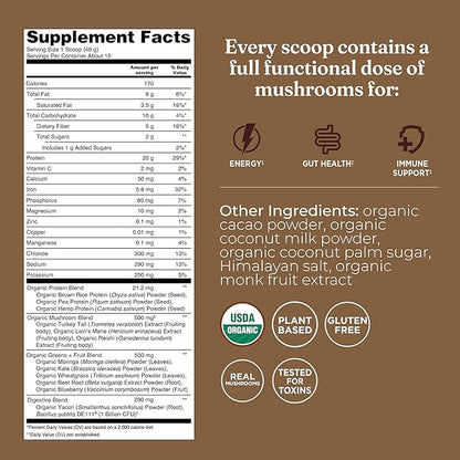 Four Sigmatic Organic Plant-Based Protein Powder | Clean Vegan Protein Elevated with Lion’s Mane, Chaga, Cordyceps and More for Brain Function and Immune Support | Creamy Cacao, 21.16 oz