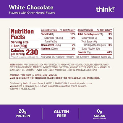 think! Protein Bars, High Protein Snacks, Gluten Free, Kosher Friendly, White Chocolate, Nutrition Bars, 2.1 Oz per Bar, 10 Count (Packaging May Vary)
