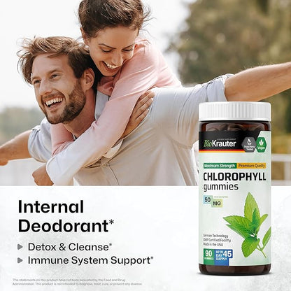 BIO KRAUTER® Chlorophyll Gummies for Body Odor & Detox Support - Vegan Chlorophyll Supplements for Women & Men - Natural internal Deodorant - 90 Detox Gummies, 45 Days of Supply, Apple Flavor, Non-GMO