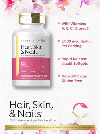 Carlyle Hair Skin and Nails Vitamin | 120 Softgels | Beauty Formula Supplement | with Biotin and Collagen Zinc, Vitamin A, B6, C & E | Non-GMO, Gluten Free