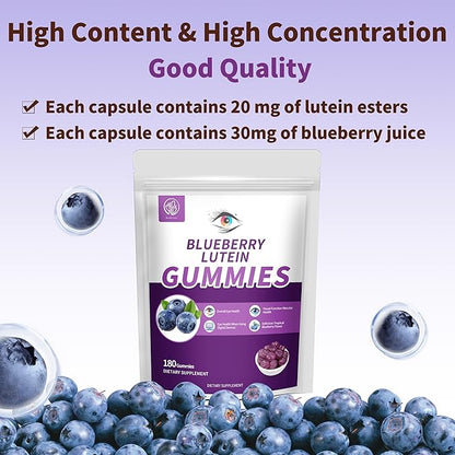 Hudetex Blueberry Lutein Eye Vitamins Gummies with 180 Count - 3 Month Supply, Vegan Eye Health Supplement for Kids and Adult, Lutein Gummies for Vision Clarity and Blue Light Support
