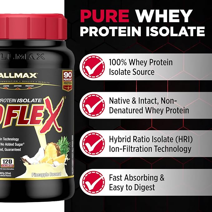 ALLMAX ISOFLEX Pure Whey Isolate Protein Powder - Gluten Free, Low Lactose, Sugar-Free - High-Protein, Clean, Keto-Friendly, Pre Post Workout Supplement for Women and Men | Pineapple Coconut, 2lb