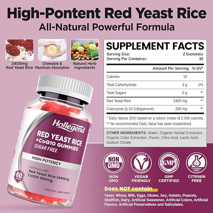 Hollgend Red Yeast Rice with Coq10 Gummies Sugar Free, Organic Red Yeast Rice 2400mg for Cholesterol Lowering Supplements, Enhanced with Coenzyme Q10 200mg for Heart Health Support, 60 Chewables