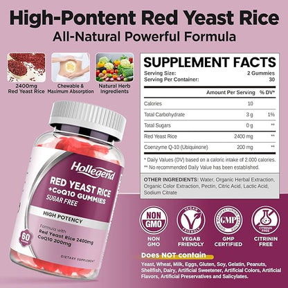Hollgend Red Yeast Rice with Coq10 Gummies Sugar Free, Organic Red Yeast Rice 2400mg for Cholesterol Lowering Supplements, Enhanced with Coenzyme Q10 200mg for Heart Health Support, 60 Chewables