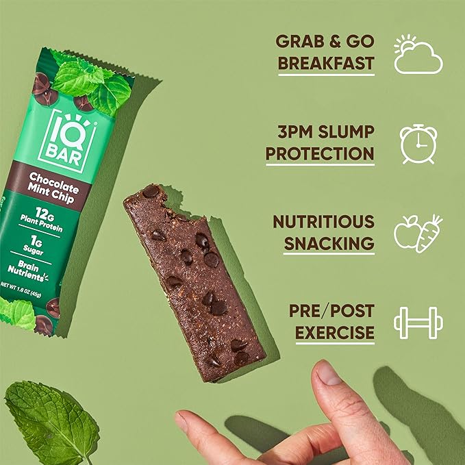 IQBAR Clean Plant Protein Bars - Chocolate Mint Chip - 24 Count - Keto, Vegan, High Fiber, Gluten and Dairy Free, Low Sugar Snack - Brain and Body Nutrients for Focus, Energy, Meal Replacement